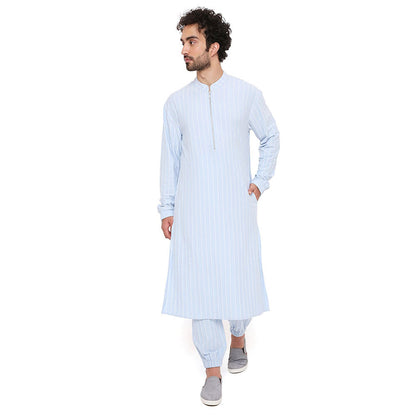 PS Men by Payal Singhal Aqua Blue Stripe Lycra Kurta With Salwar Pant (Set of 2)