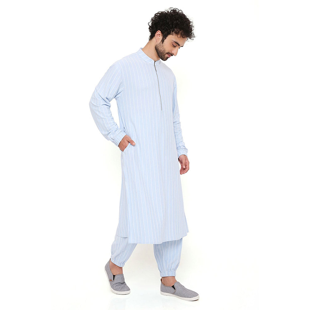 PS Men by Payal Singhal Aqua Blue Stripe Lycra Kurta With Salwar Pant (Set of 2)