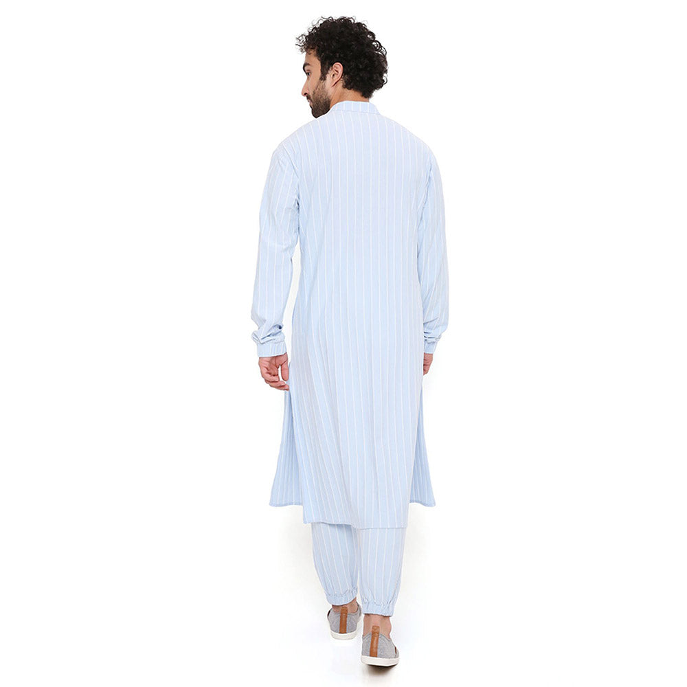 PS Men by Payal Singhal Aqua Blue Stripe Lycra Kurta With Salwar Pant (Set of 2)