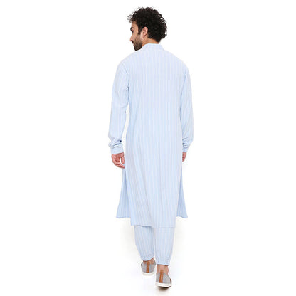 PS Men by Payal Singhal Aqua Blue Stripe Lycra Kurta With Salwar Pant (Set of 2)