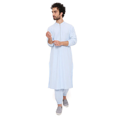 PS Men by Payal Singhal Aqua Blue Stripe Lycra Kurta With Salwar Pant (Set of 2)