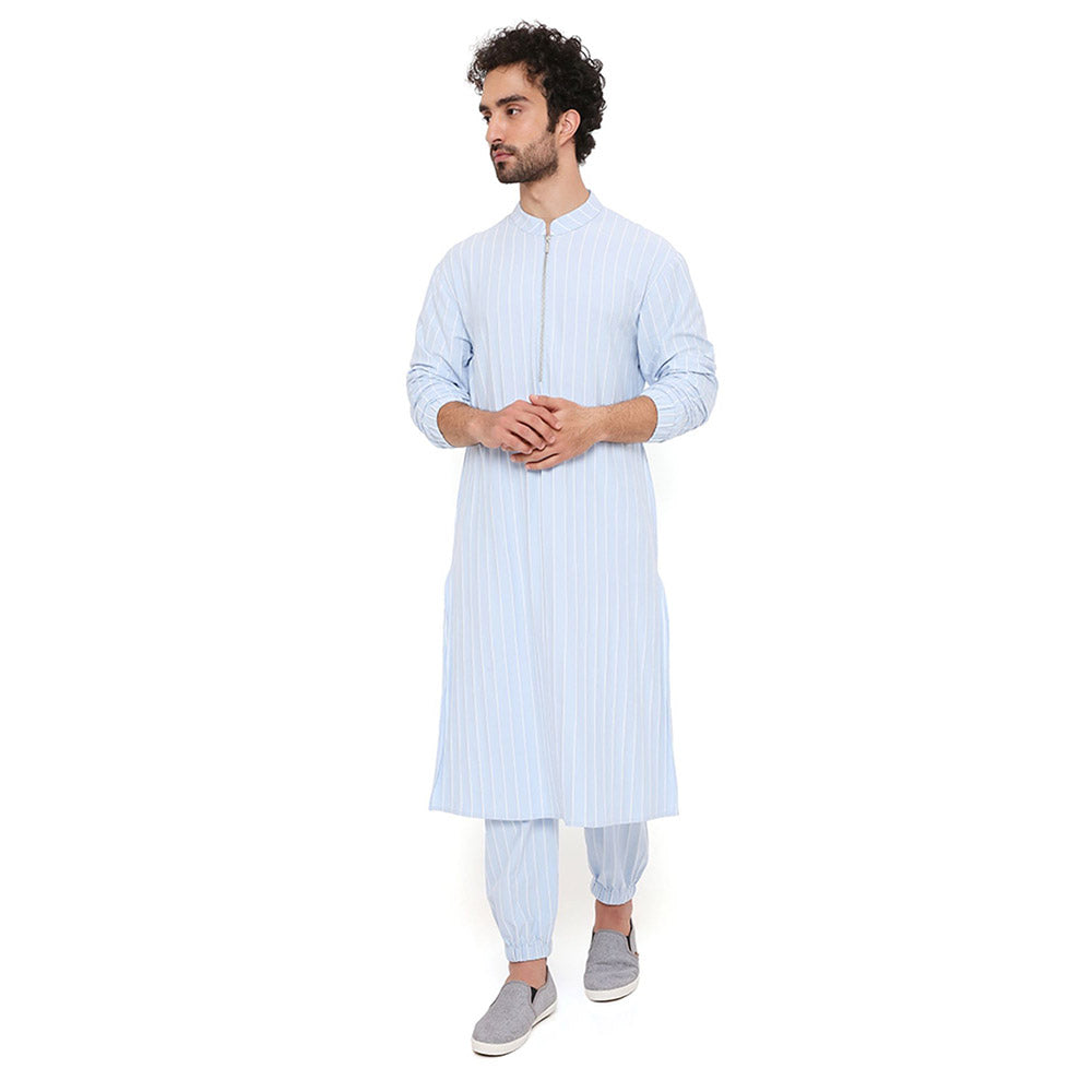 PS Men by Payal Singhal Aqua Blue Stripe Lycra Kurta With Salwar Pant (Set of 2)