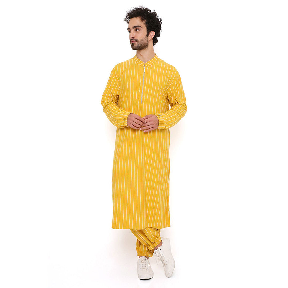 PS Men by Payal Singhal Mustard Stripe Lycra Kurta With Salwar Pant (Set of 2)