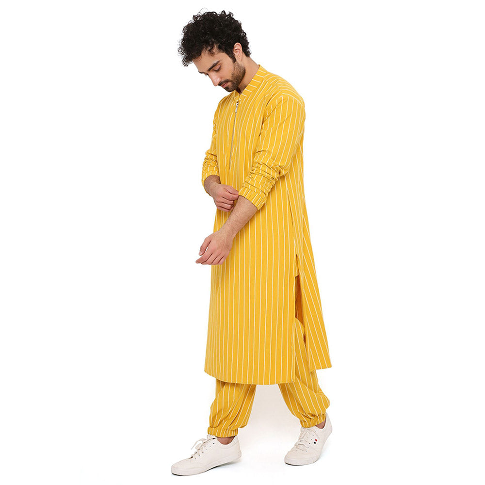 PS Men by Payal Singhal Mustard Stripe Lycra Kurta With Salwar Pant (Set of 2)