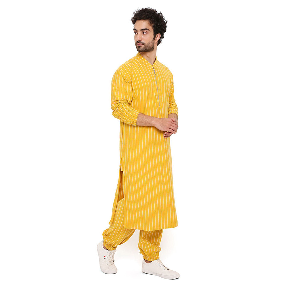 PS Men by Payal Singhal Mustard Stripe Lycra Kurta With Salwar Pant (Set of 2)