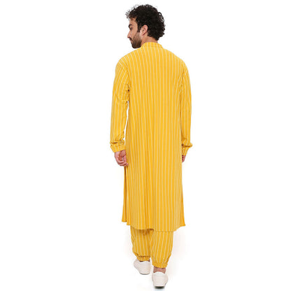 PS Men by Payal Singhal Mustard Stripe Lycra Kurta With Salwar Pant (Set of 2)