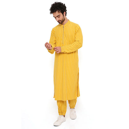 PS Men by Payal Singhal Mustard Stripe Lycra Kurta With Salwar Pant (Set of 2)
