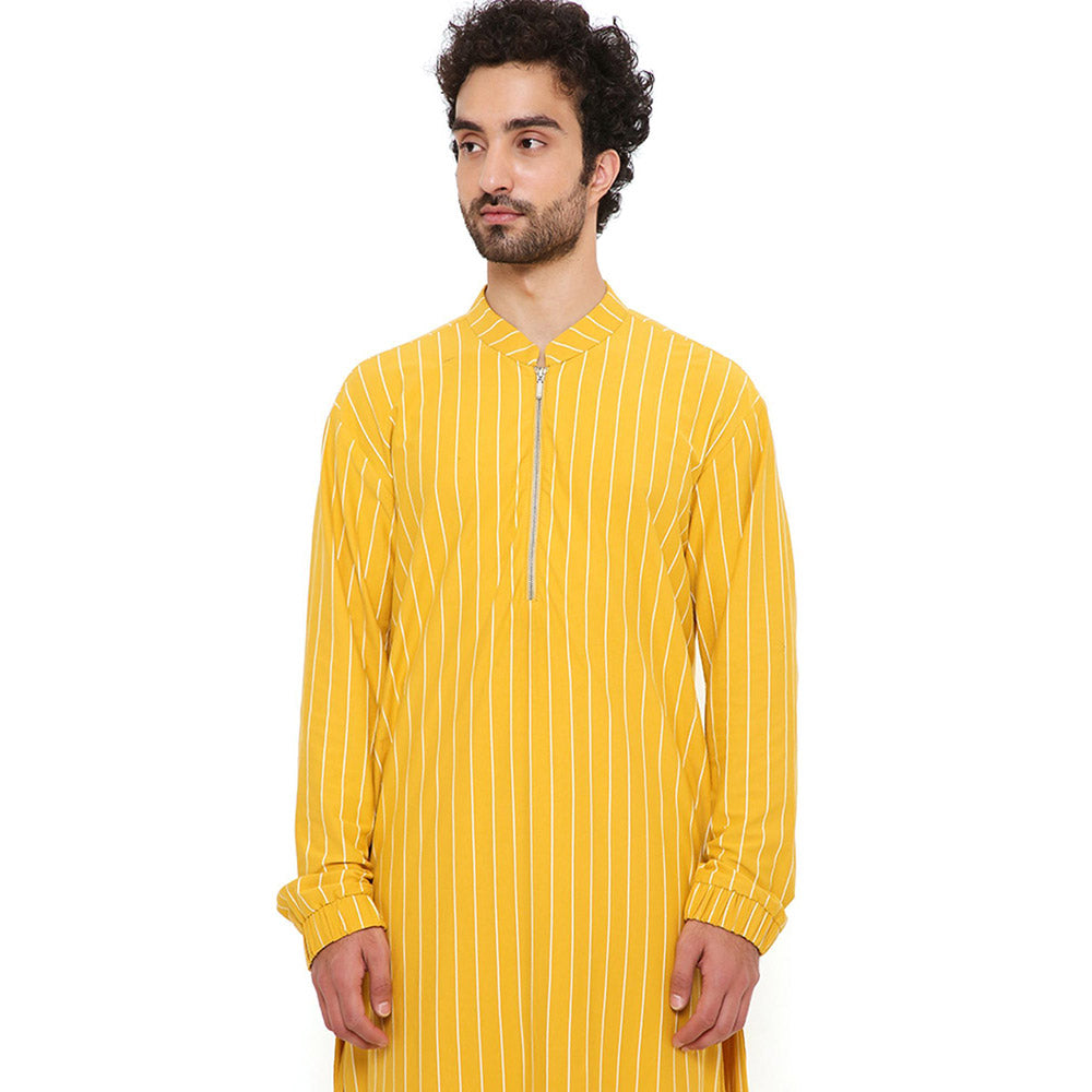 PS Men by Payal Singhal Mustard Stripe Lycra Kurta With Salwar Pant (Set of 2)