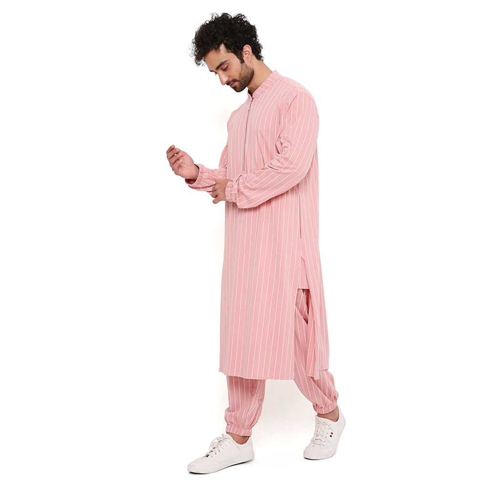 PS Men by Payal Singhal Rose Pink Stripe Lycra Kurta With Salwar Pant (Set of 2)