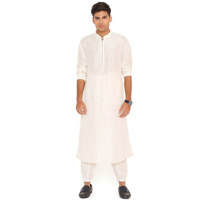 PS Men by Payal Singhal Ivory Abla Silk Kurta With Salwar Pant (Set of 2)