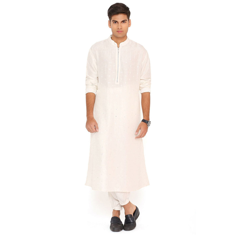 PS Men by Payal Singhal Ivory Abla Silk Kurta With Salwar Pant (Set of 2)