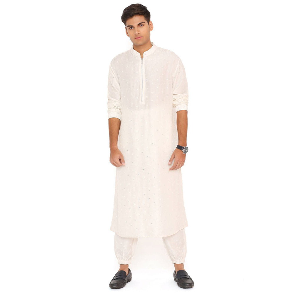 PS Men by Payal Singhal Ivory Abla Silk Kurta With Salwar Pant (Set of 2)