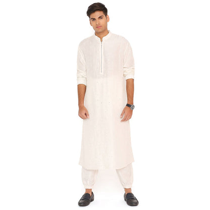 PS Men by Payal Singhal Ivory Abla Silk Kurta With Salwar Pant (Set of 2)
