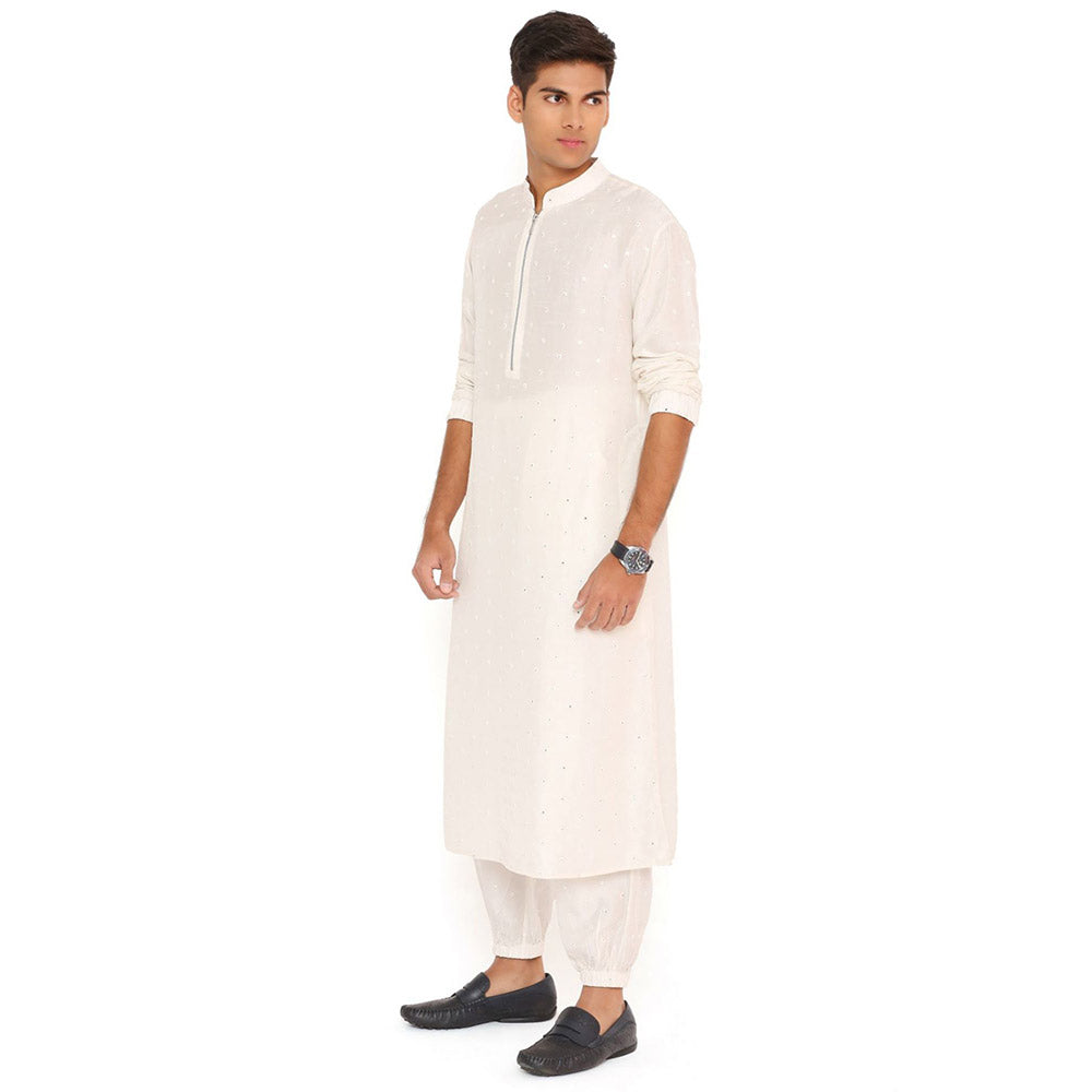 PS Men by Payal Singhal Ivory Abla Silk Kurta With Salwar Pant (Set of 2)