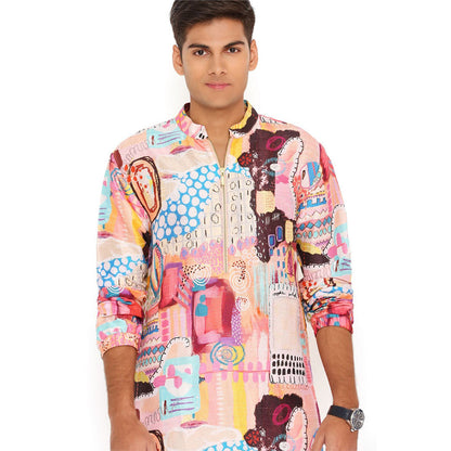 PS Men by Payal Singhal Trance Print Dupion Silk Kurta With Salwar Pant (Set of 2)