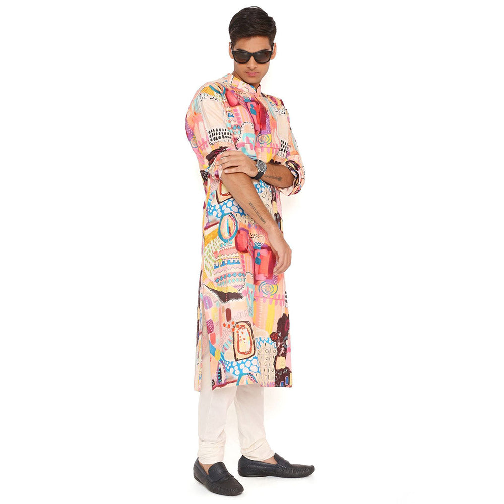PS Men by Payal Singhal Trance Print Dupion Silk Kurta With Cotton Silk Churidar (Set of 2)
