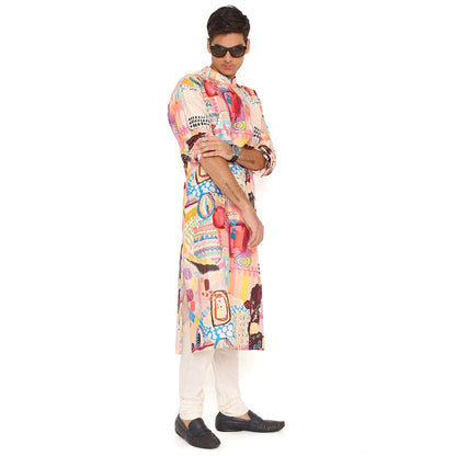 PS Men by Payal Singhal Trance Print Dupion Silk Kurta With Cotton Silk Churidar (Set of 2)