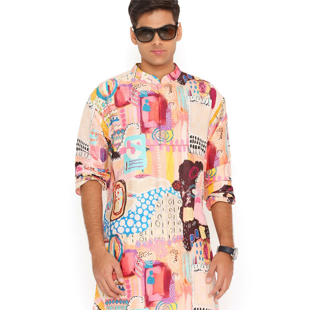 PS Men by Payal Singhal Trance Print Dupion Silk Kurta With Cotton Silk Churidar (Set of 2)