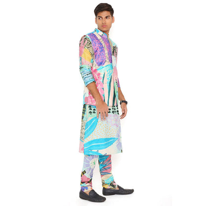 PS Men by Payal Singhal Tropical Print Nehru Jacket With Silkmul Kurta And Churidar (Set of 3)