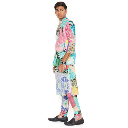PS Men by Payal Singhal Tropical Print Nehru Jacket With Silkmul Kurta And Churidar (Set of 3)