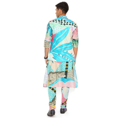 PS Men by Payal Singhal Tropical Print Nehru Jacket With Silkmul Kurta And Churidar (Set of 3)
