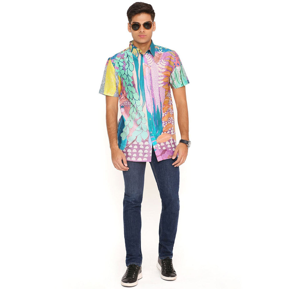 PS Men by Payal Singhal Purple Tropical Print Silkmul Shirt