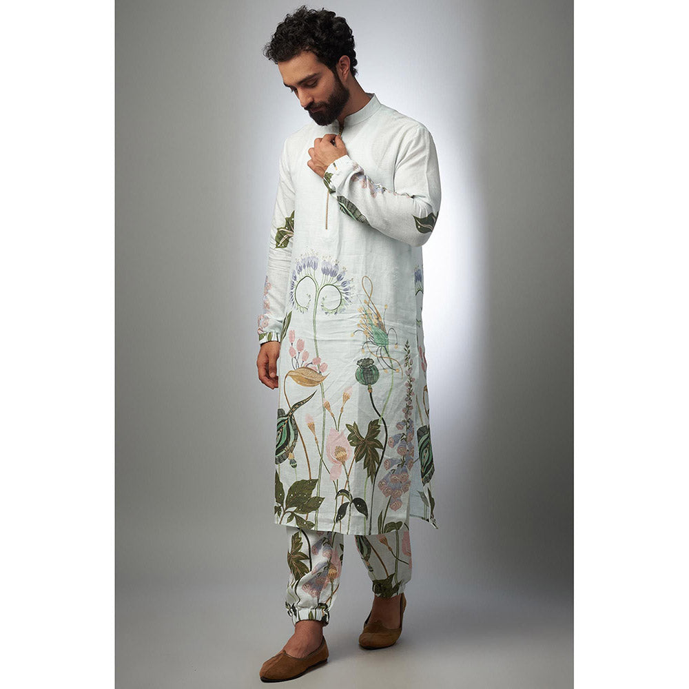 PS Men by Payal Singhal White Printed Linen Bomber Kurta with Pant (Set of 2)