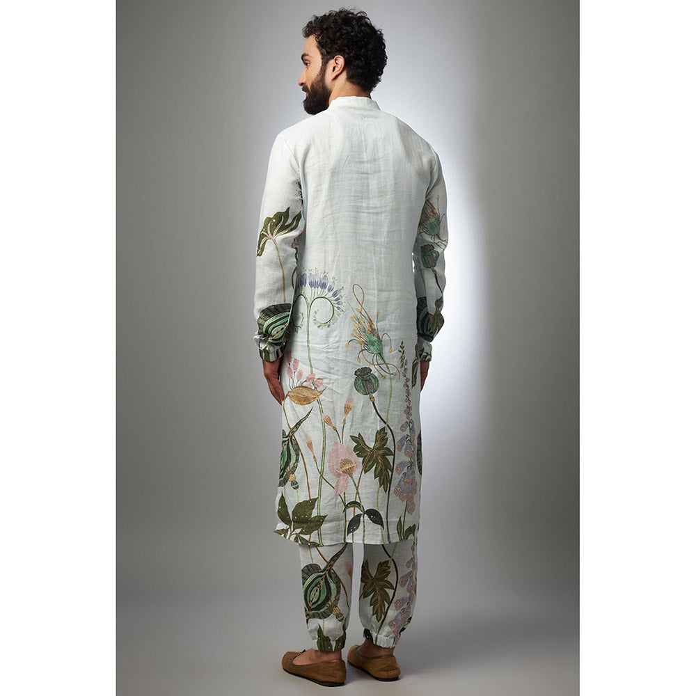 PS Men by Payal Singhal White Printed Linen Bomber Kurta with Pant (Set of 2)