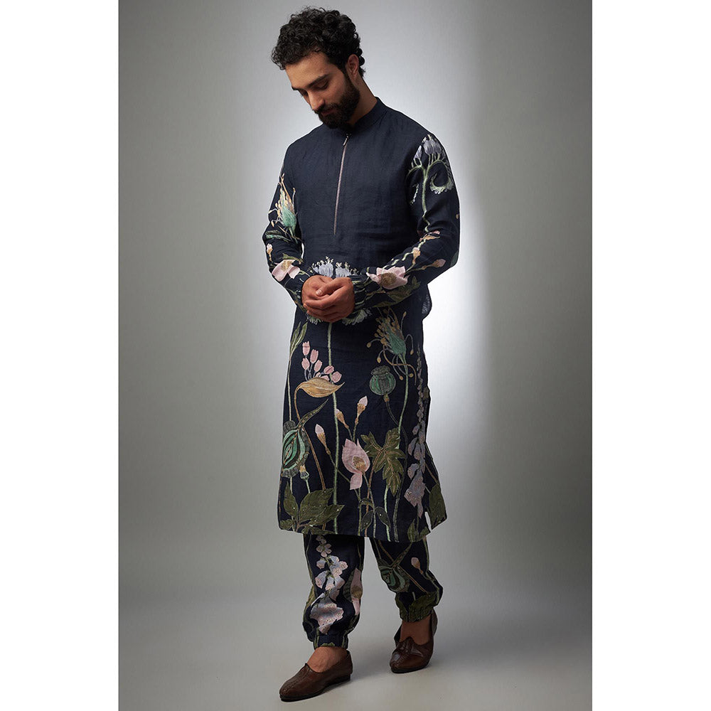 PS Men by Payal Singhal Navy Blue Printed Linen Bomber Kurta with Pant (Set of 2)