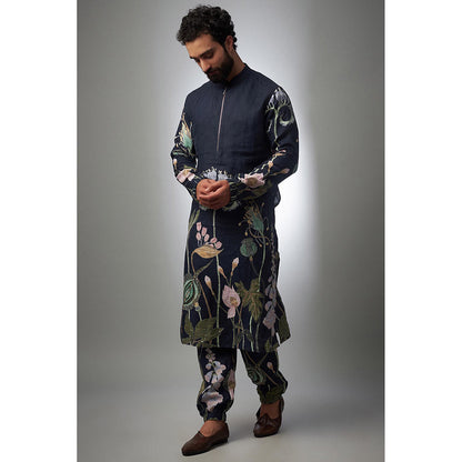 PS Men by Payal Singhal Navy Blue Printed Linen Bomber Kurta with Pant (Set of 2)