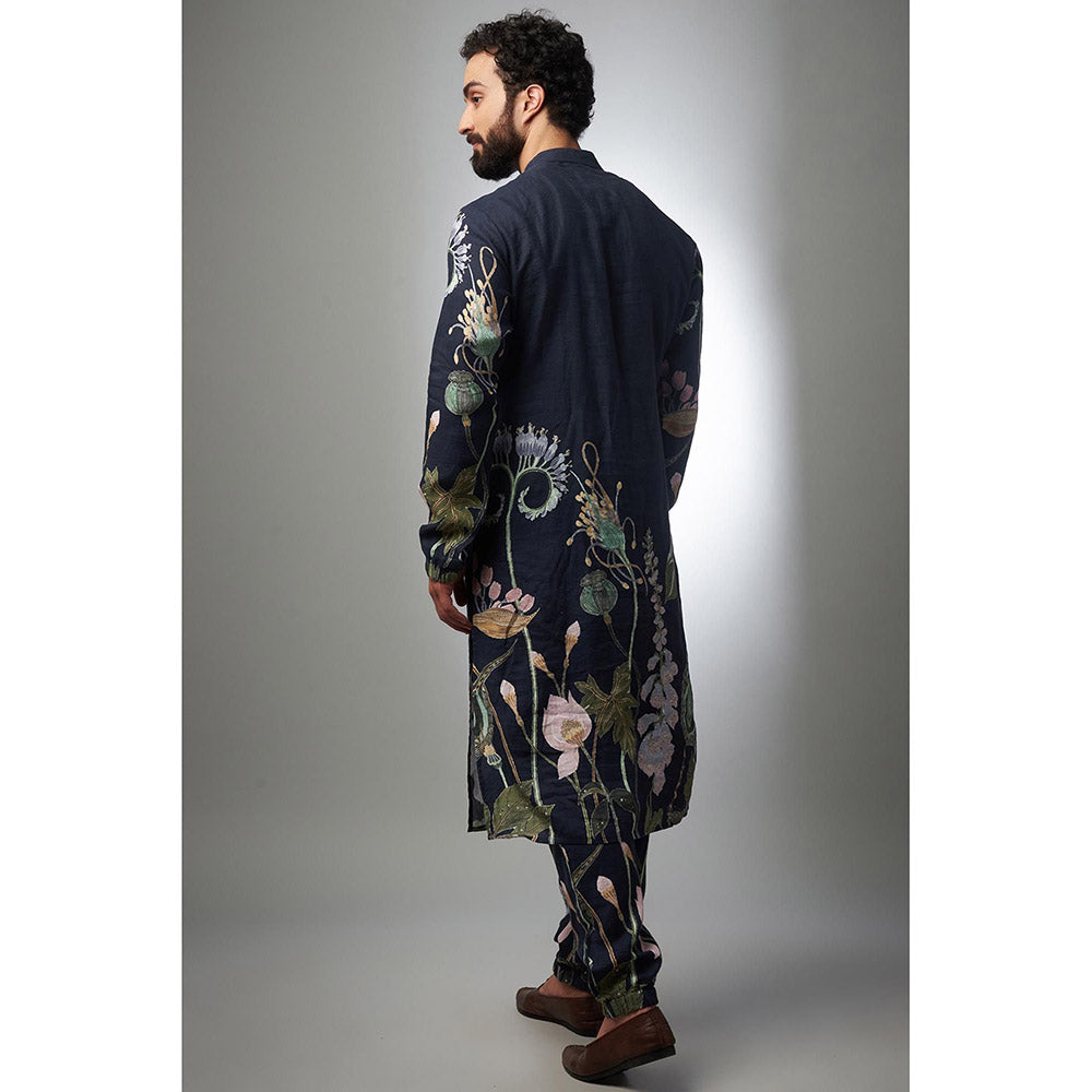 PS Men by Payal Singhal Navy Blue Printed Linen Bomber Kurta with Pant (Set of 2)