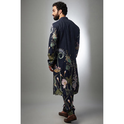 PS Men by Payal Singhal Navy Blue Printed Linen Bomber Kurta with Pant (Set of 2)