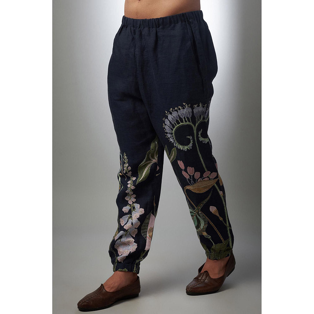 PS Men by Payal Singhal Navy Blue Printed Linen Bomber Kurta with Pant (Set of 2)