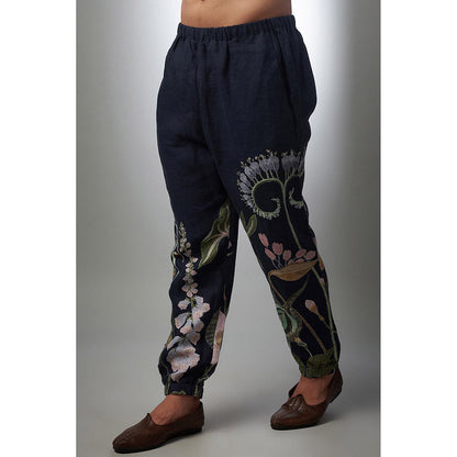 PS Men by Payal Singhal Navy Blue Printed Linen Bomber Kurta with Pant (Set of 2)