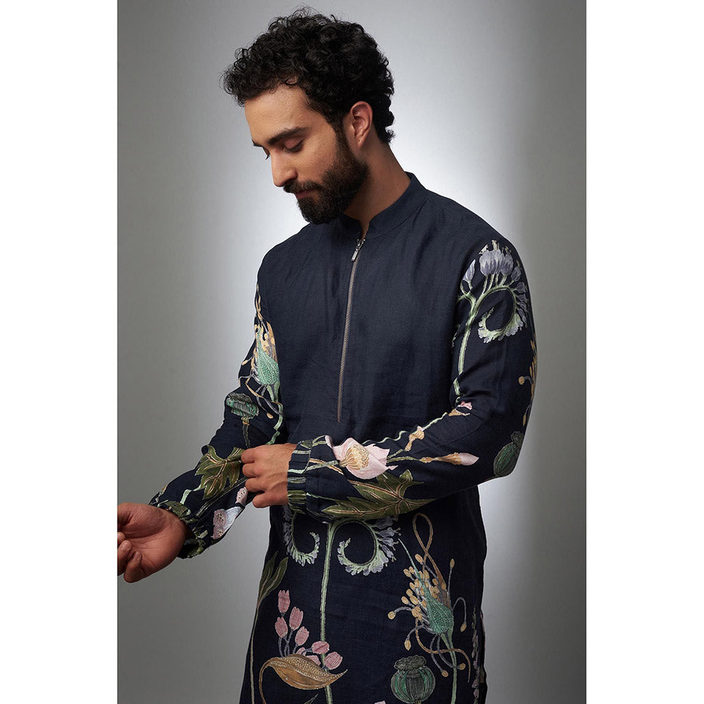 PS Men by Payal Singhal Navy Blue Printed Linen Bomber Kurta with Pant (Set of 2)