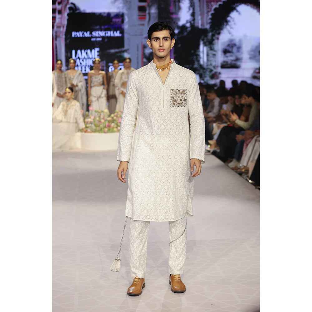 PS Men by Payal Singhal Off White Pocket Embroidered Kurta with Pant (Set of 2)