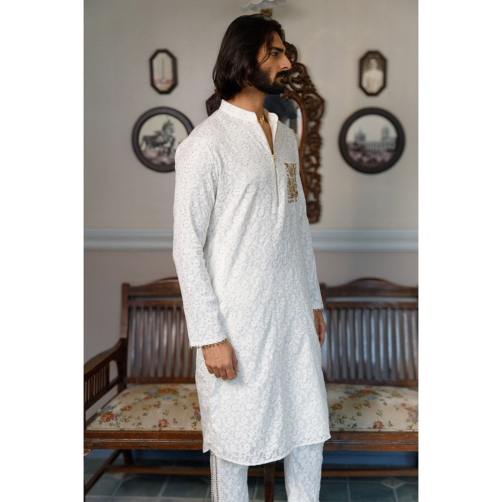 PS Men by Payal Singhal Off White Pocket Embroidered Kurta with Pant (Set of 2)