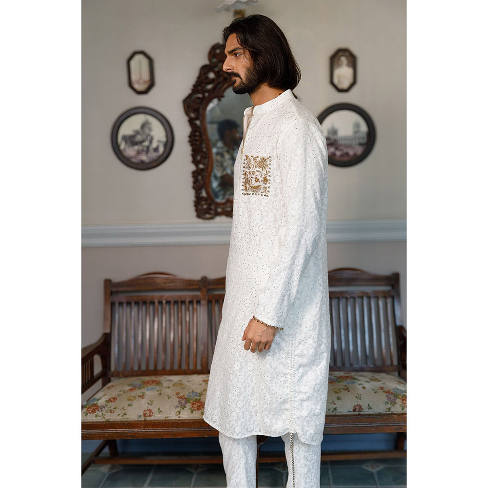 PS Men by Payal Singhal Off White Pocket Embroidered Kurta with Pant (Set of 2)
