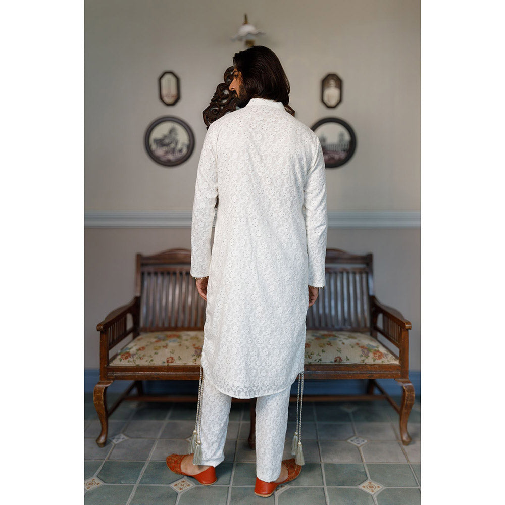 PS Men by Payal Singhal Off White Pocket Embroidered Kurta with Pant (Set of 2)