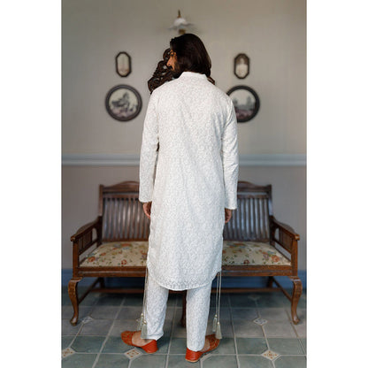 PS Men by Payal Singhal Off White Pocket Embroidered Kurta with Pant (Set of 2)