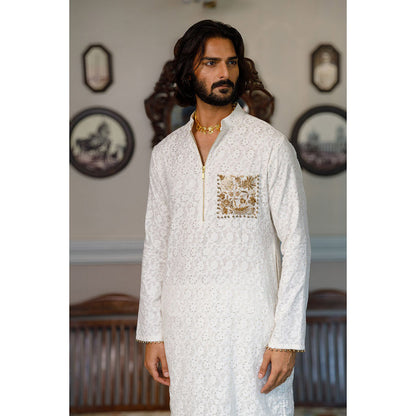 PS Men by Payal Singhal Off White Pocket Embroidered Kurta with Pant (Set of 2)