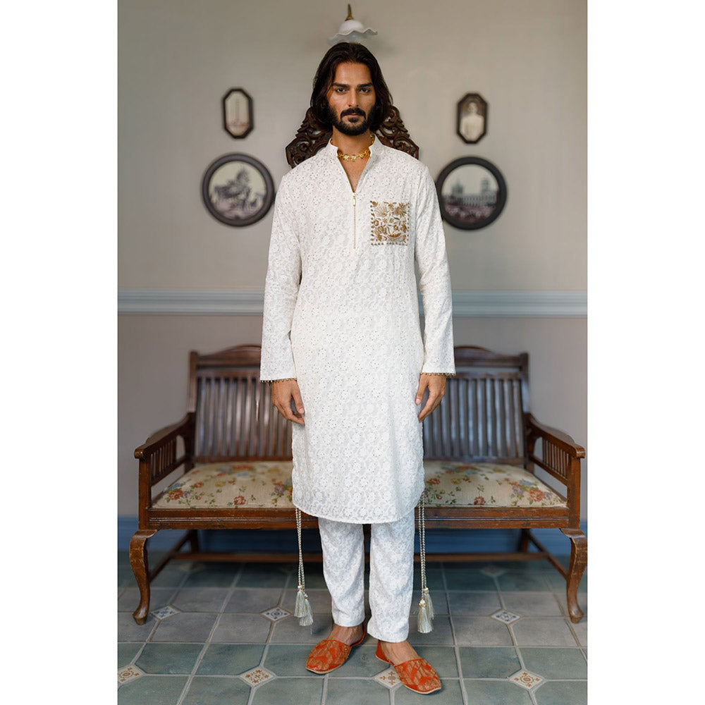 PS Men by Payal Singhal Off White Pocket Embroidered Kurta with Pant (Set of 2)