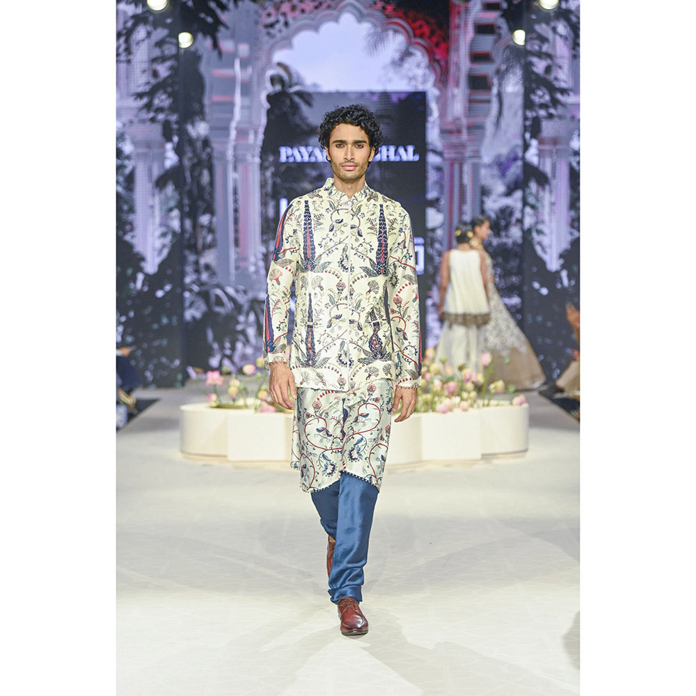 PS Men by Payal Singhal Blue Printed Bandi Jacket with Kurta and Churidar (Set of 3)