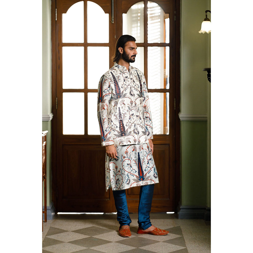 PS Men by Payal Singhal Blue Printed Bandi Jacket with Kurta and Churidar (Set of 3)