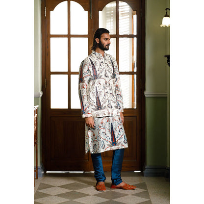 PS Men by Payal Singhal Blue Printed Bandi Jacket with Kurta and Churidar (Set of 3)