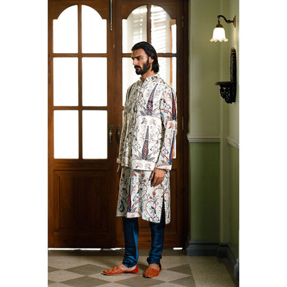 PS Men by Payal Singhal Blue Printed Bandi Jacket with Kurta and Churidar (Set of 3)