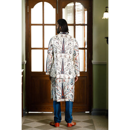 PS Men by Payal Singhal Blue Printed Bandi Jacket with Kurta and Churidar (Set of 3)