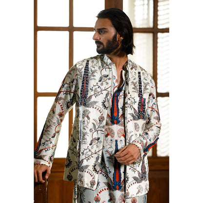 PS Men by Payal Singhal Blue Printed Bandi Jacket with Kurta and Churidar (Set of 3)