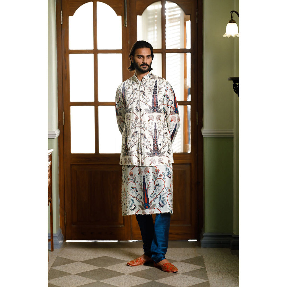 PS Men by Payal Singhal Blue Printed Bandi Jacket with Kurta and Churidar (Set of 3)