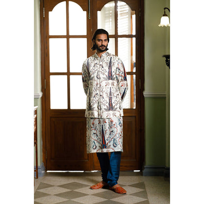 PS Men by Payal Singhal Blue Printed Bandi Jacket with Kurta and Churidar (Set of 3)